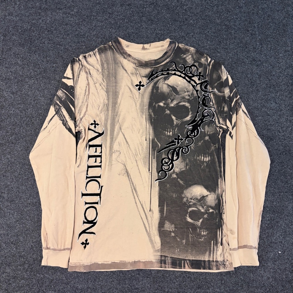 Affliction Mens Small Long Sleeve Graphic T-Shirt Tan Black Skulls Gothic Y2K